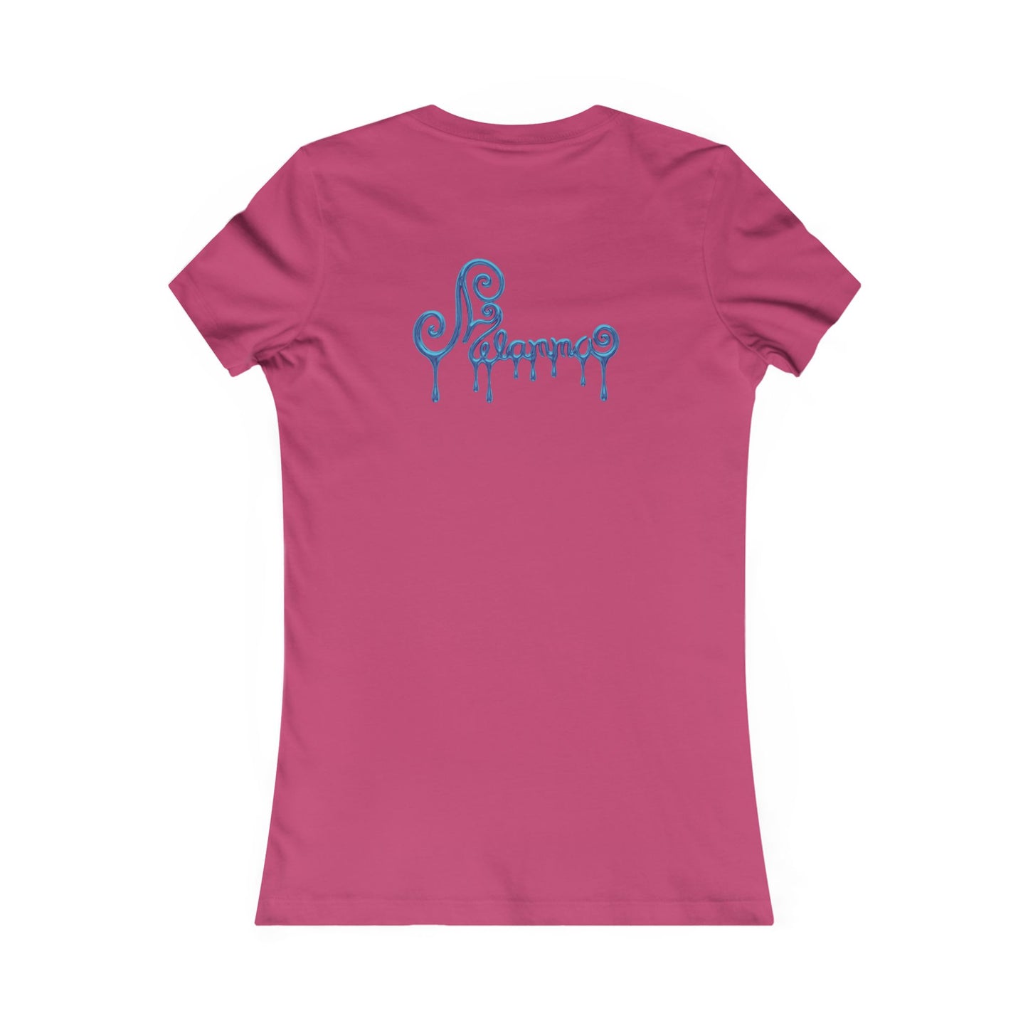 Raspberry pink t-shirt featuring a central graphic of a teal chrome dripping rose, blue metallic Melammu dripping sign on the back ladies