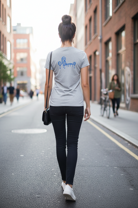 Women's Tee — Chrome Blue Dripping Rose Front with Dripping Melammu Logo Back