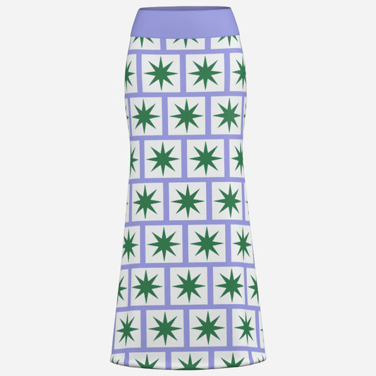 ultra cool bold lilac maxi skirt with flare and geometric 8 point green star on white square tile print by designer Valentina Theodora