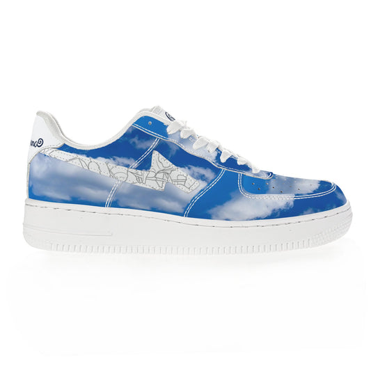 cloud print statement sneakers with a thunderbolt leaf detail and the Melammu logo philosophy walk on clouds trainers