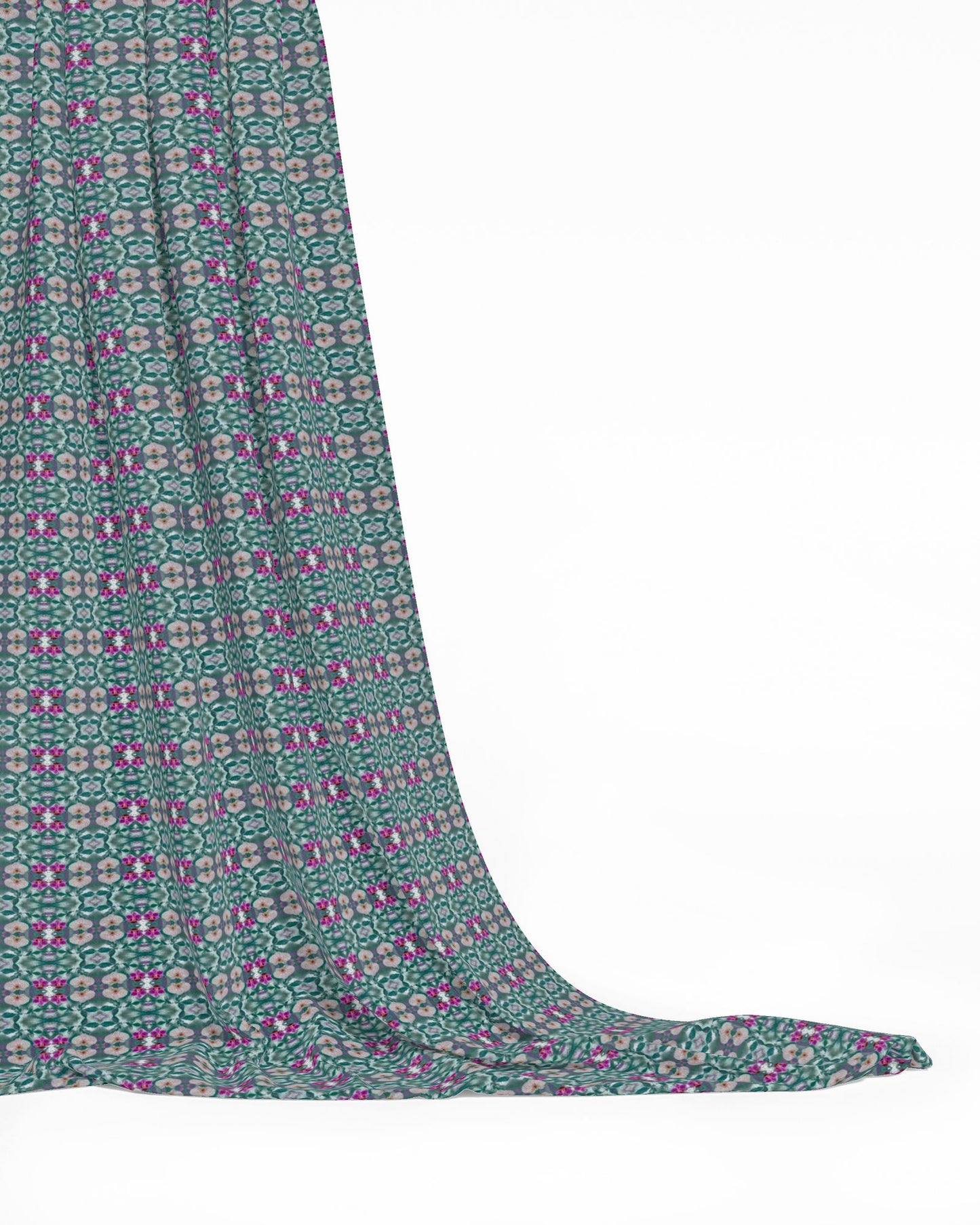 13 Melammu geometric violetpink orchids on botanical teal print fabric