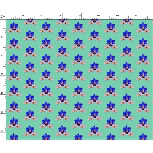 Royal blue and white orchid clusters in a tight half-drop repeat on turquoise a maximalist botanical statement fabric by Melammu