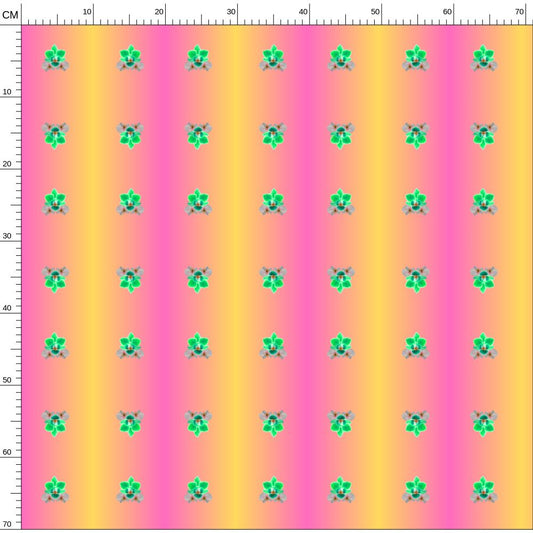 geometric design neon green orchids Melammu designer fabric with vertical dark yellow to bubblegum pink gradient wave background bright bold artist fabric