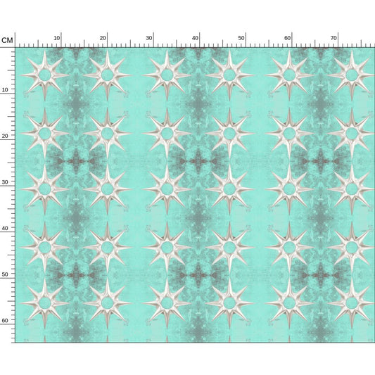 bold melammu designer fabric 3d silver celestial stars on textured cyan background textiles geometric