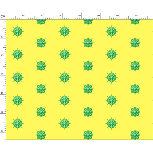 Melammu intricate ink-illustrated 3D green star medallion on bright yellow fabric sacred geometry textiles fabric design