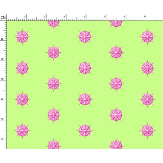 Melammu intricate ink-illustrated 3D pink star medallion on lime green fabric sacred geometry textiles fabric design