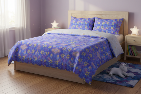 gold celestial stars blue purple botanical ethereal sacred mystical bold celestial Melammu fabric textiles geometric design