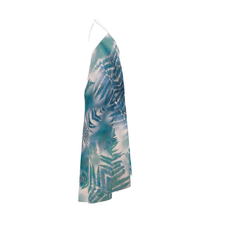halterneck melammu designer fern spray art dress shagreen blue white fabric trending botanical fashion