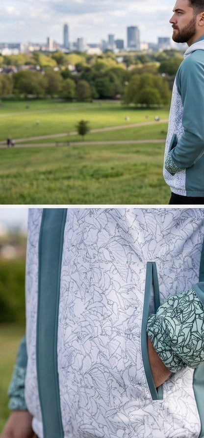 Melammu men's light petroleum blue and leaf line print hooded jacket