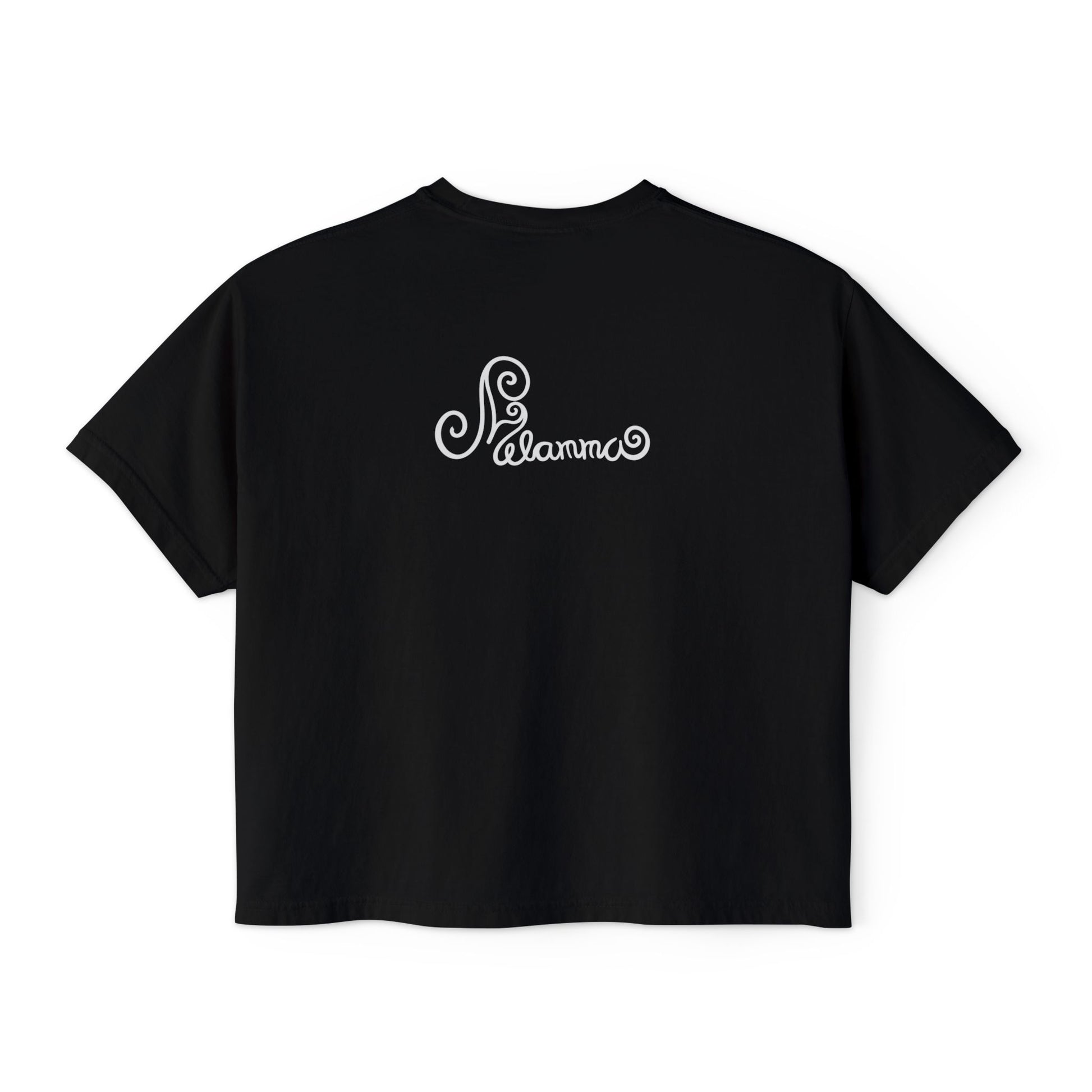 Melammu 8-point star boxy tee in black — red 8-point star on a light blue circle with yellow centre on the front, white Melammu logo on back