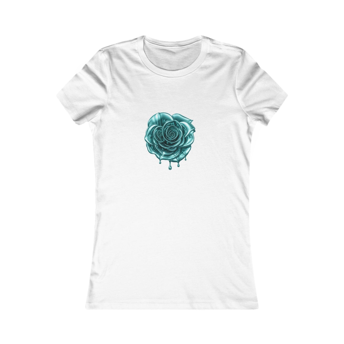 white t-shirt featuring a central graphic of a teal chrome dripping rose, blue metallic Melammu dripping sign on the back ladies