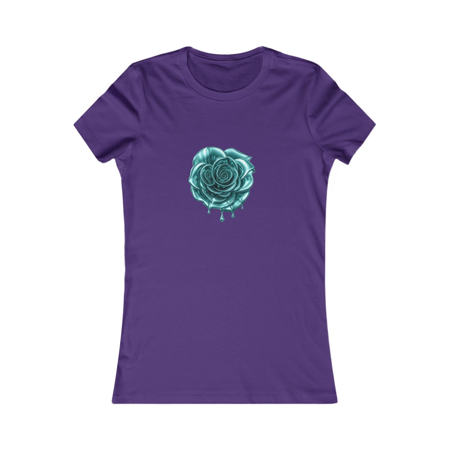 Purple t-shirt featuring a central graphic of a teal chrome dripping rose, blue metallic Melammu dripping sign on the back ladies
