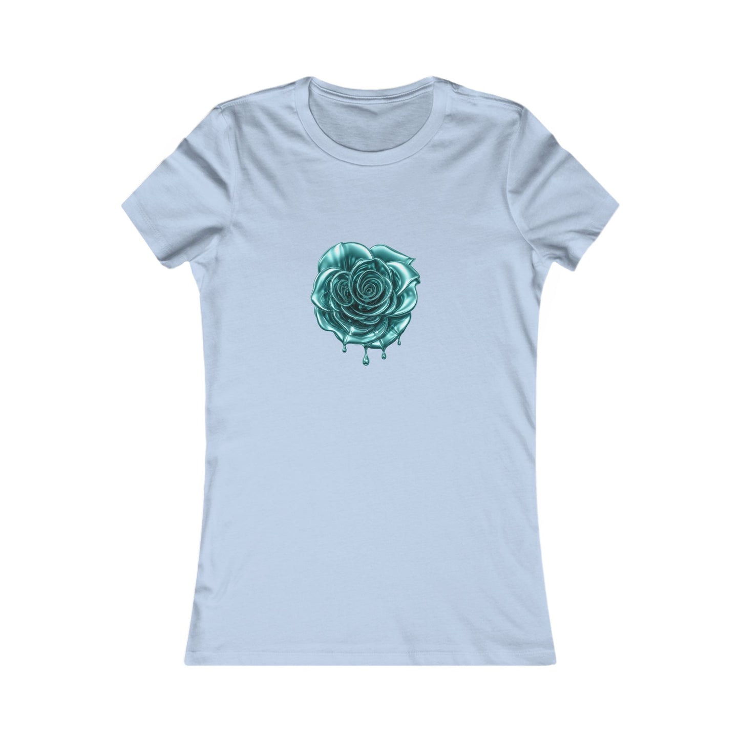 light blue t-shirt featuring a central graphic of a teal chrome dripping rose, blue metallic Melammu dripping sign on the back ladies