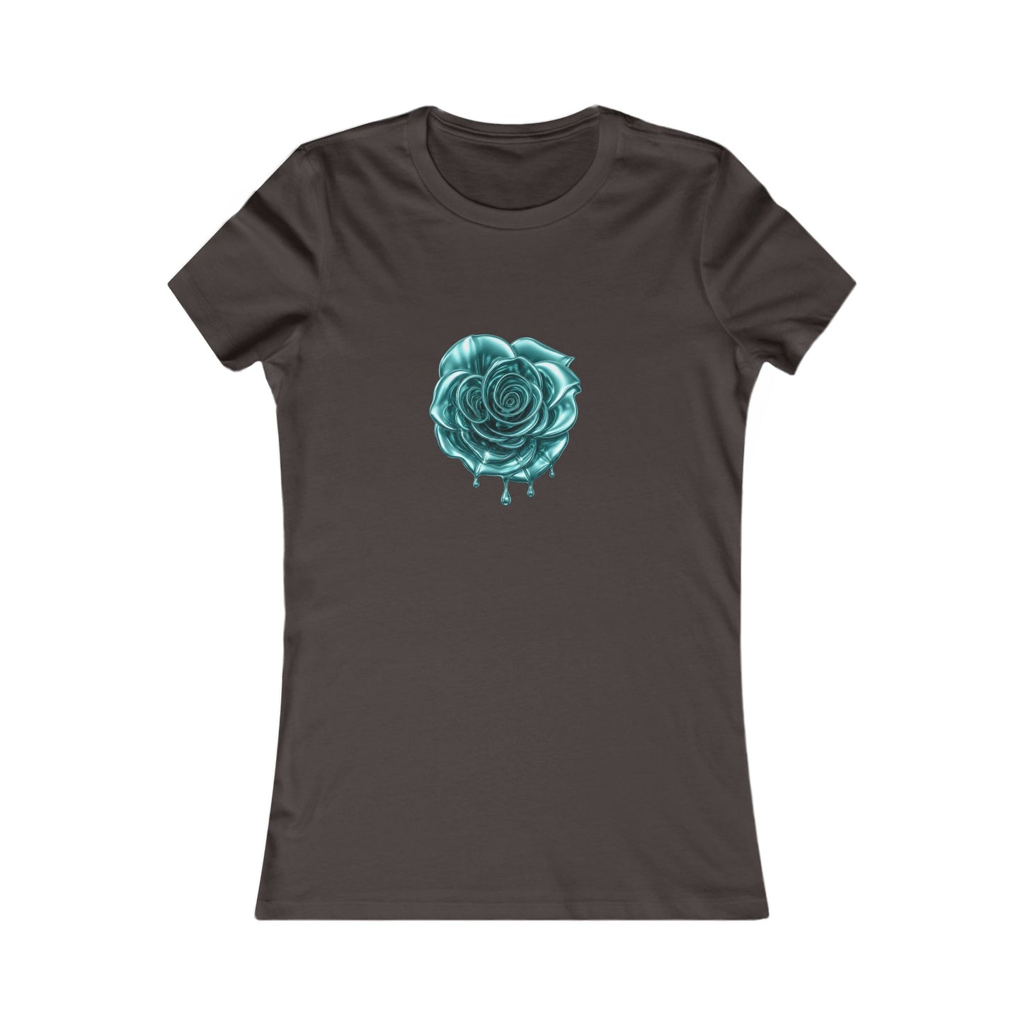dark t-shirt featuring a central graphic of a teal chrome dripping rose, blue metallic Melammu dripping sign on the back ladies