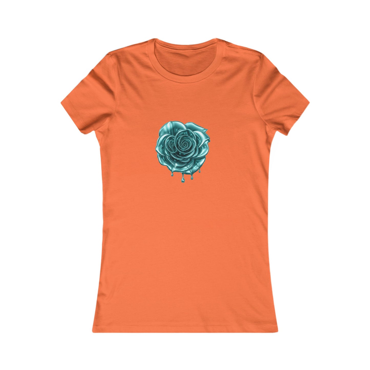 orange t-shirt featuring a central graphic of a teal chrome dripping rose, blue metallic Melammu dripping sign on the back ladies