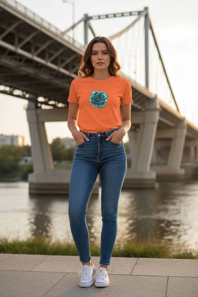 woman in Orange  t-shirt featuring a central graphic of a teal chrome dripping rose, blue metallic Melammu dripping sign on the back ladies