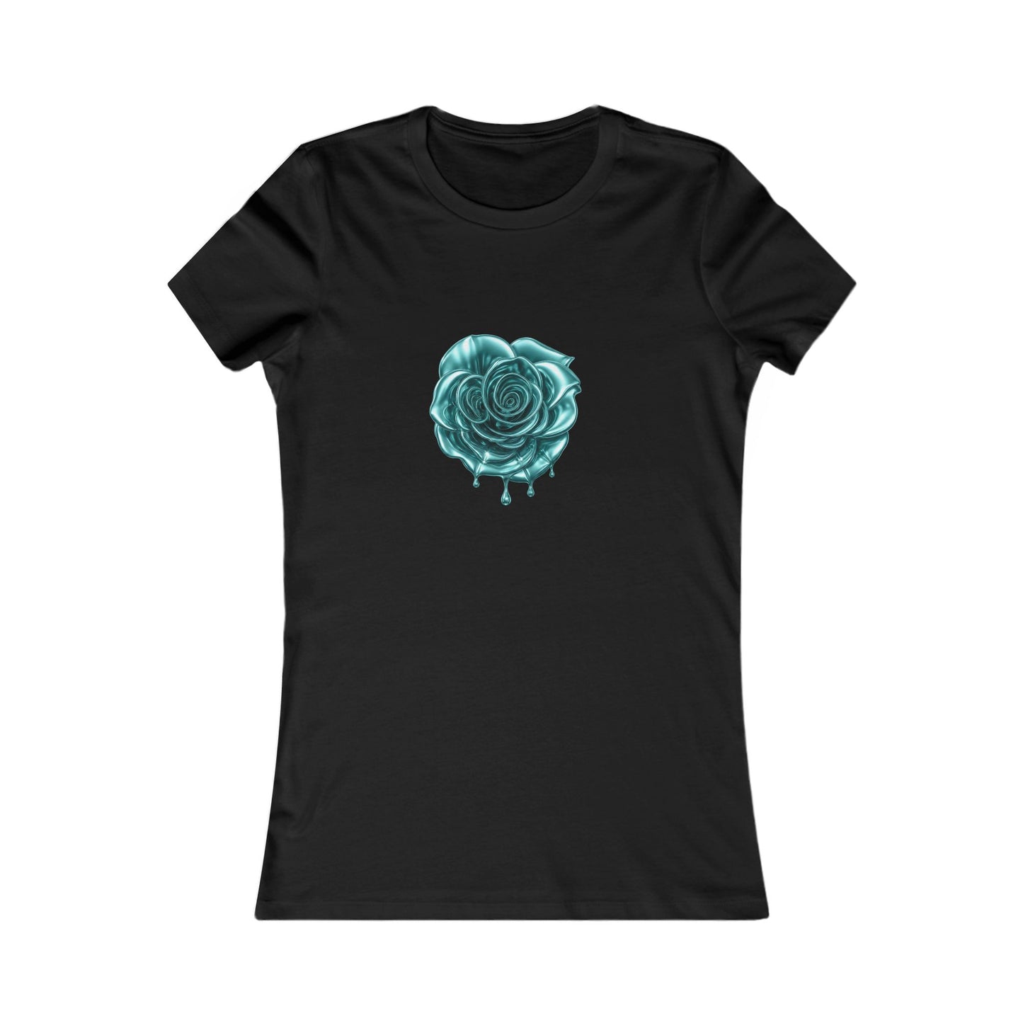 black t-shirt featuring a central graphic of a teal chrome dripping rose, blue metallic Melammu dripping sign on the back ladies