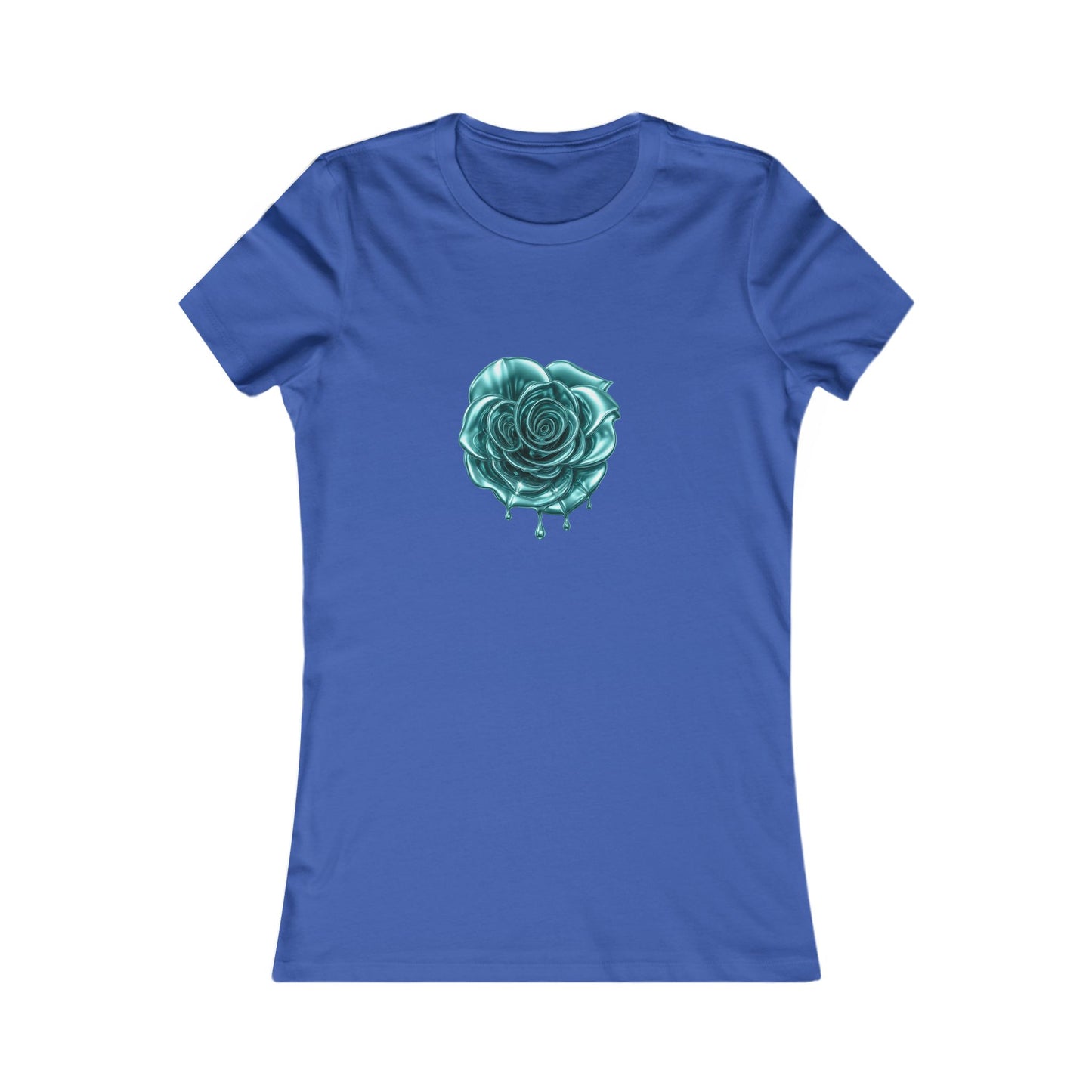 Royal blue t-shirt featuring a central graphic of a teal chrome dripping rose, blue metallic Melammu dripping sign on the back ladies