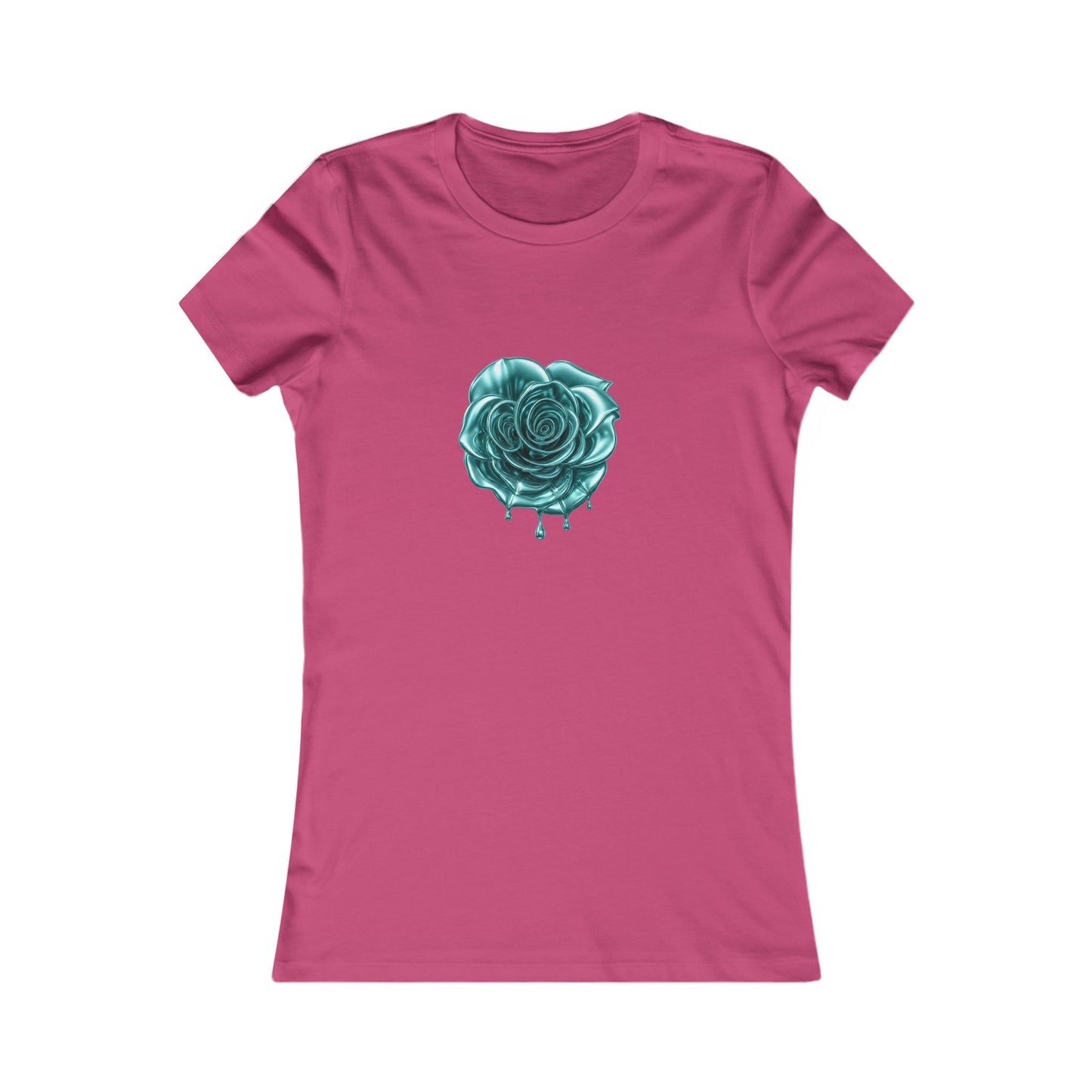 Raspberry pink t-shirt featuring a central graphic of a teal chrome dripping rose, blue metallic Melammu dripping sign on the back ladies