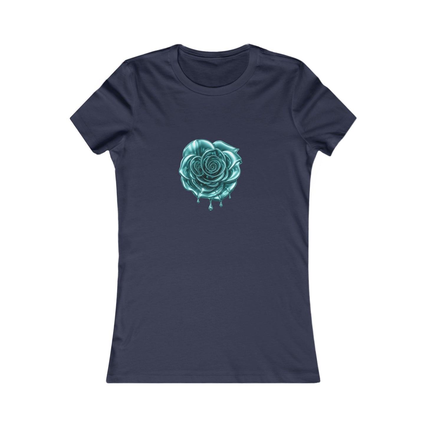 Navy blue t-shirt featuring a central graphic of a teal chrome dripping rose, blue metallic Melammu dripping sign on the back ladies