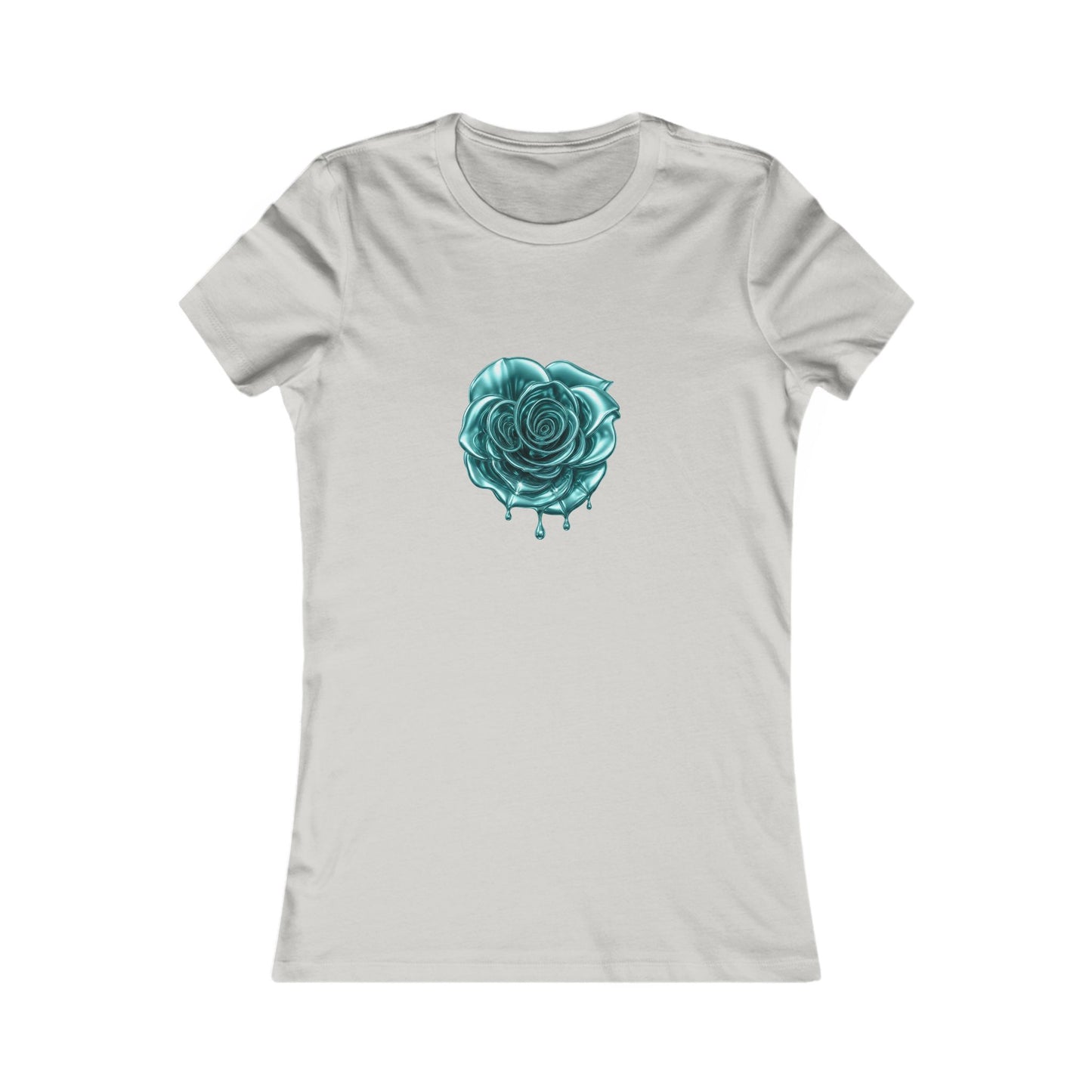 light grey t-shirt featuring a central graphic of a teal chrome dripping rose, blue metallic Melammu dripping sign on the back ladies