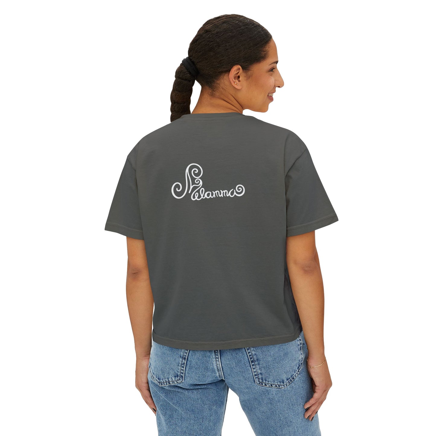 Melammu 8-point star boxy tee in dark grey — red 8-point star on a light blue circle with yellow centre, white Melammu logo on back