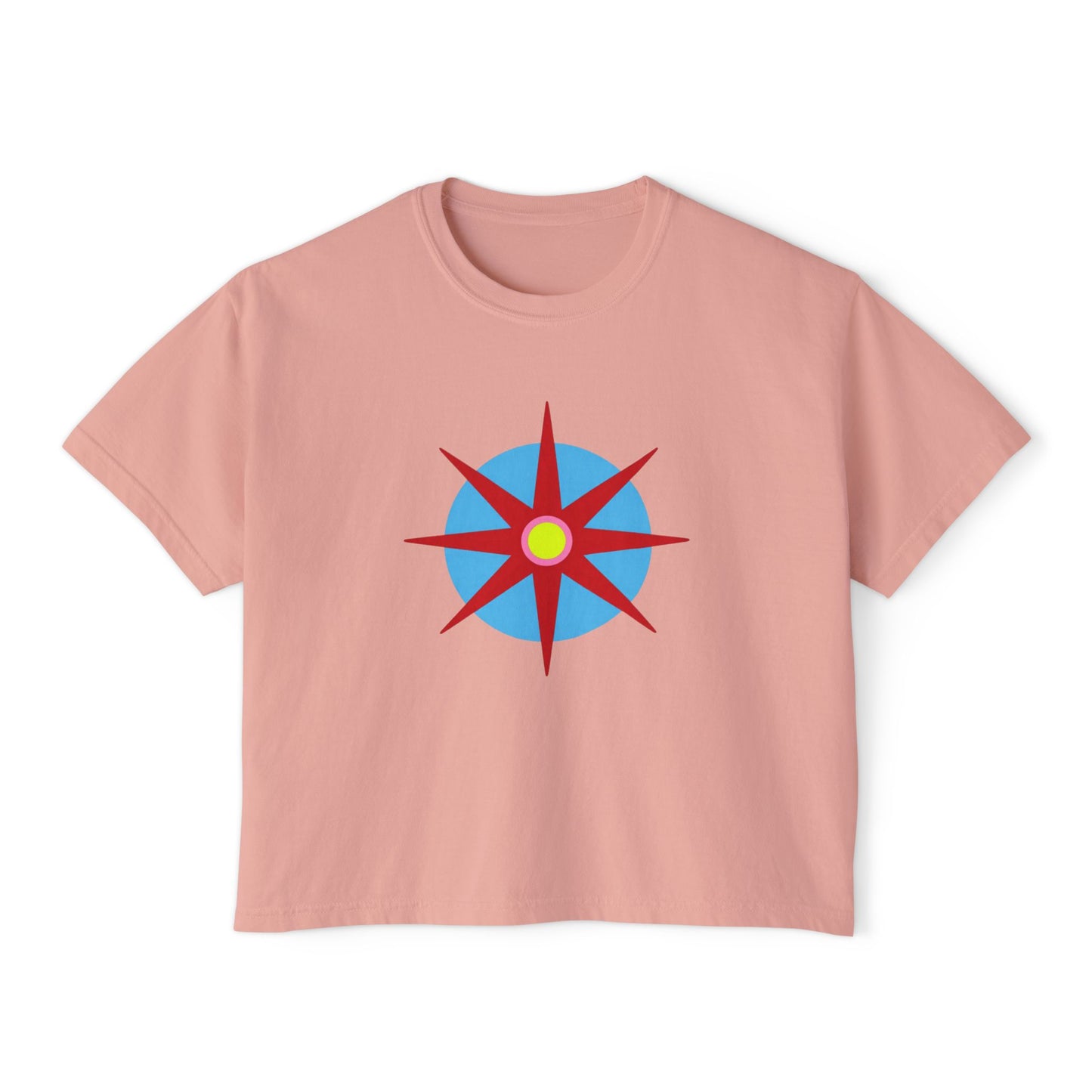Melammu 8-point star boxy tee in pink— red 8-point star on a light blue circle with yellow centre, white Melammu logo on back