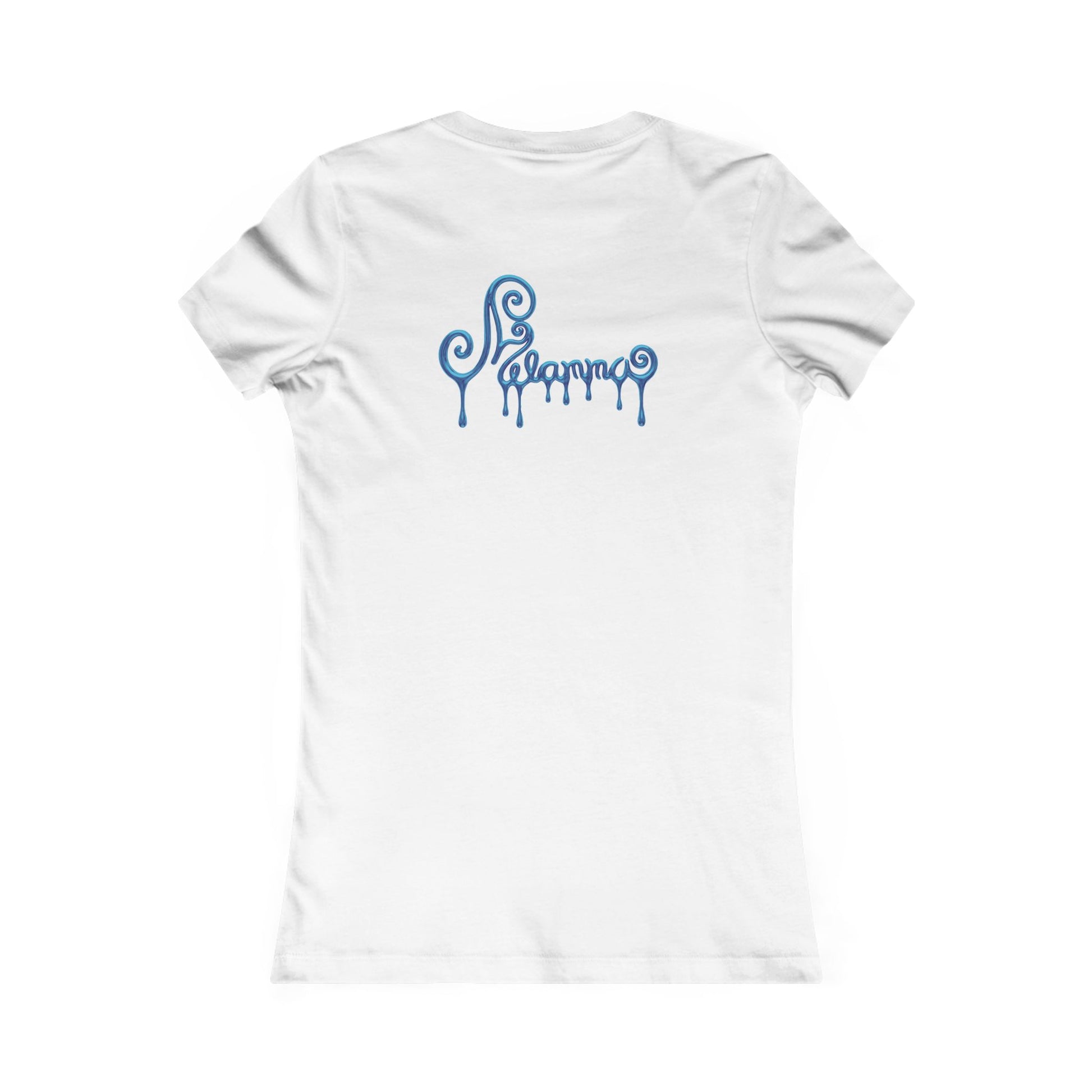 t-shirt featuring a central graphic of a teal chrome dripping rose, blue metallic Melammu dripping sign on the back ladies
