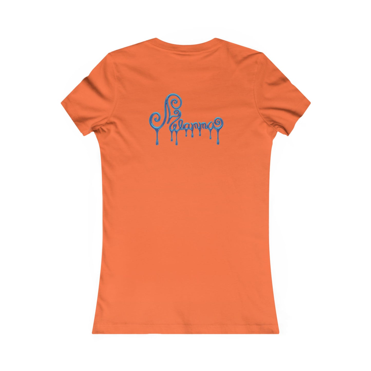 orange t-shirt featuring a central graphic of a teal chrome dripping rose, blue metallic Melammu dripping sign on the back ladies