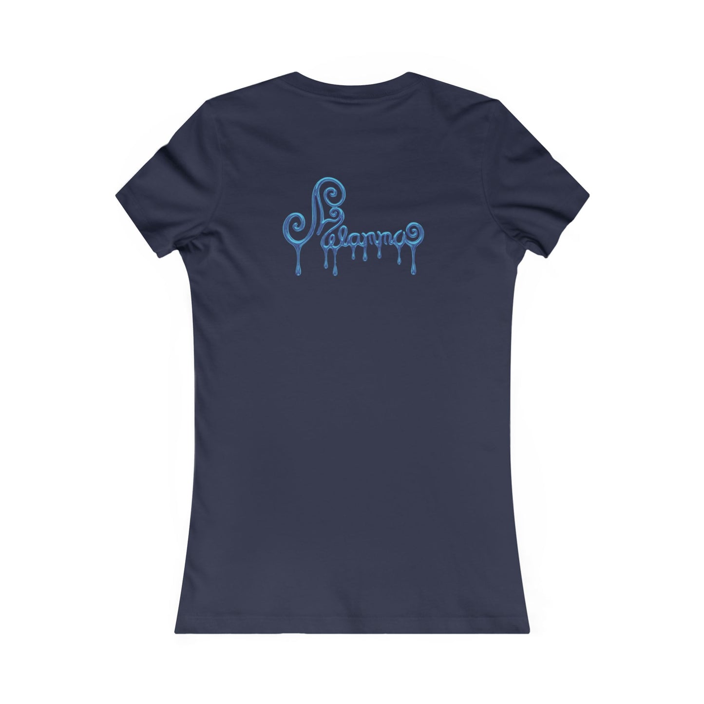 Navy blue t-shirt featuring a central graphic of a teal chrome dripping rose, blue metallic Melammu dripping sign on the back ladies