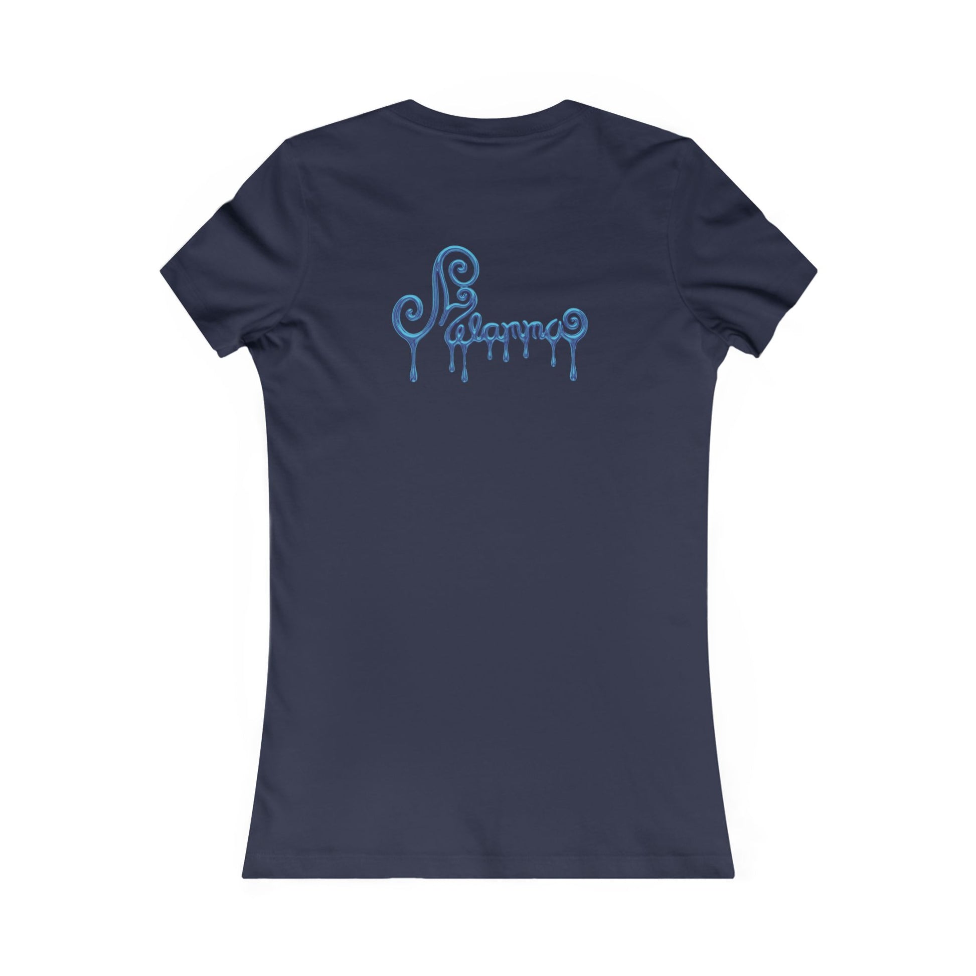 Navy blue t-shirt featuring a central graphic of a teal chrome dripping rose, blue metallic Melammu dripping sign on the back ladies