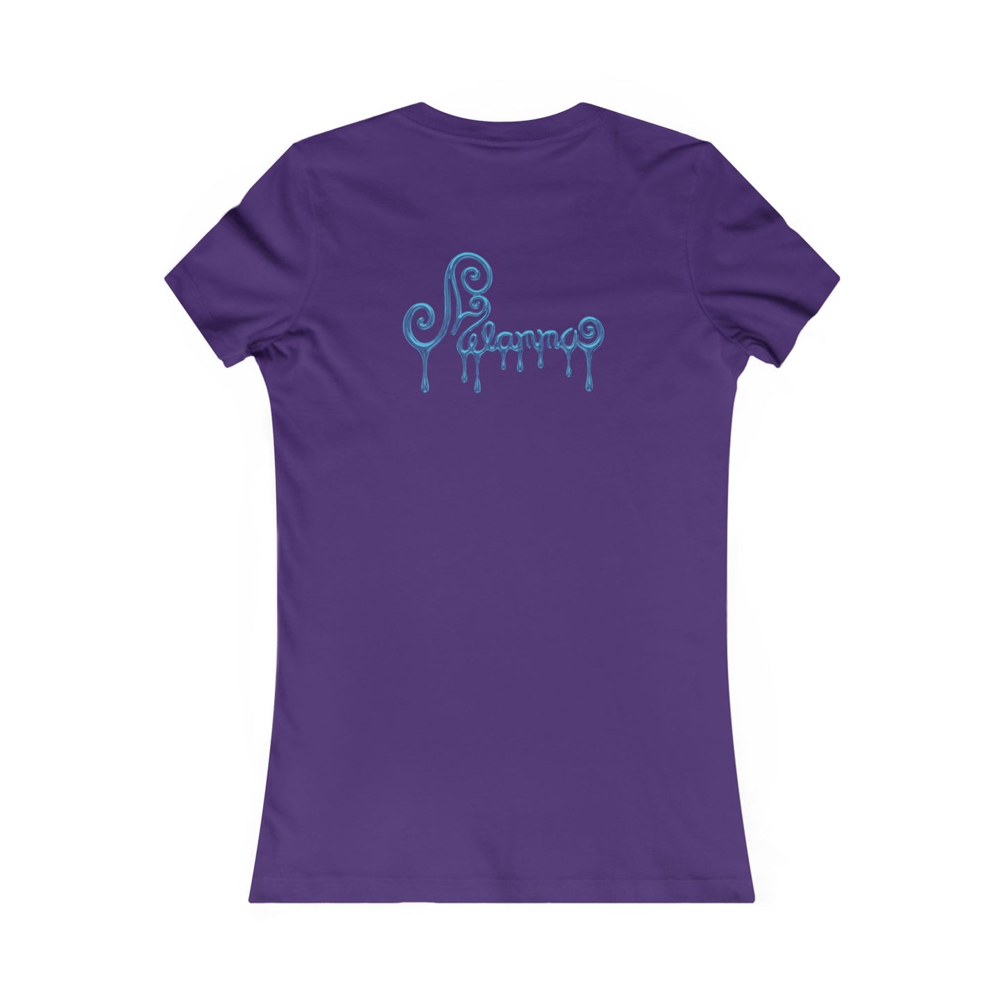Purple t-shirt featuring a central graphic of a teal chrome dripping rose, blue metallic Melammu dripping sign on the back ladies