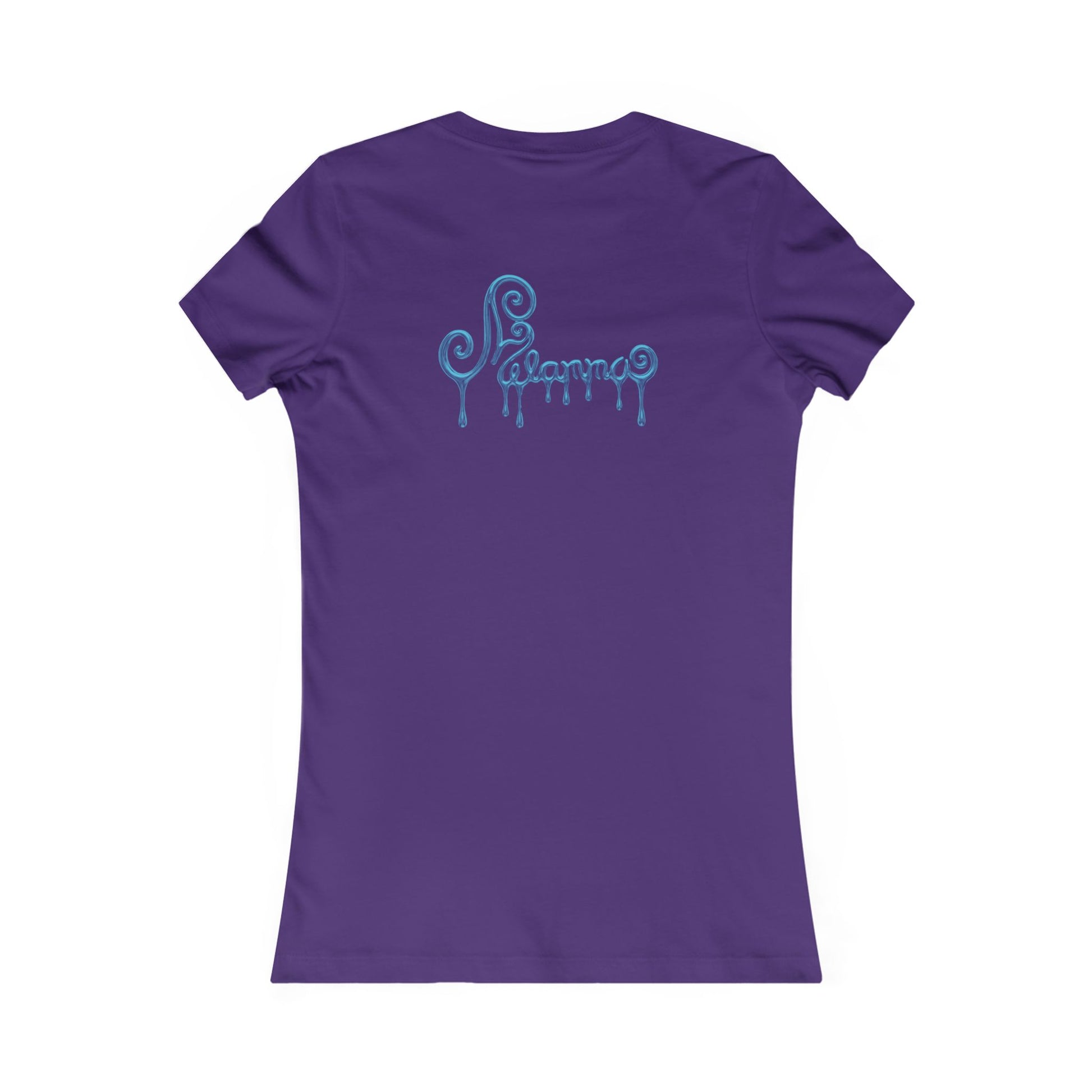 Purple t-shirt featuring a central graphic of a teal chrome dripping rose, blue metallic Melammu dripping sign on the back ladies