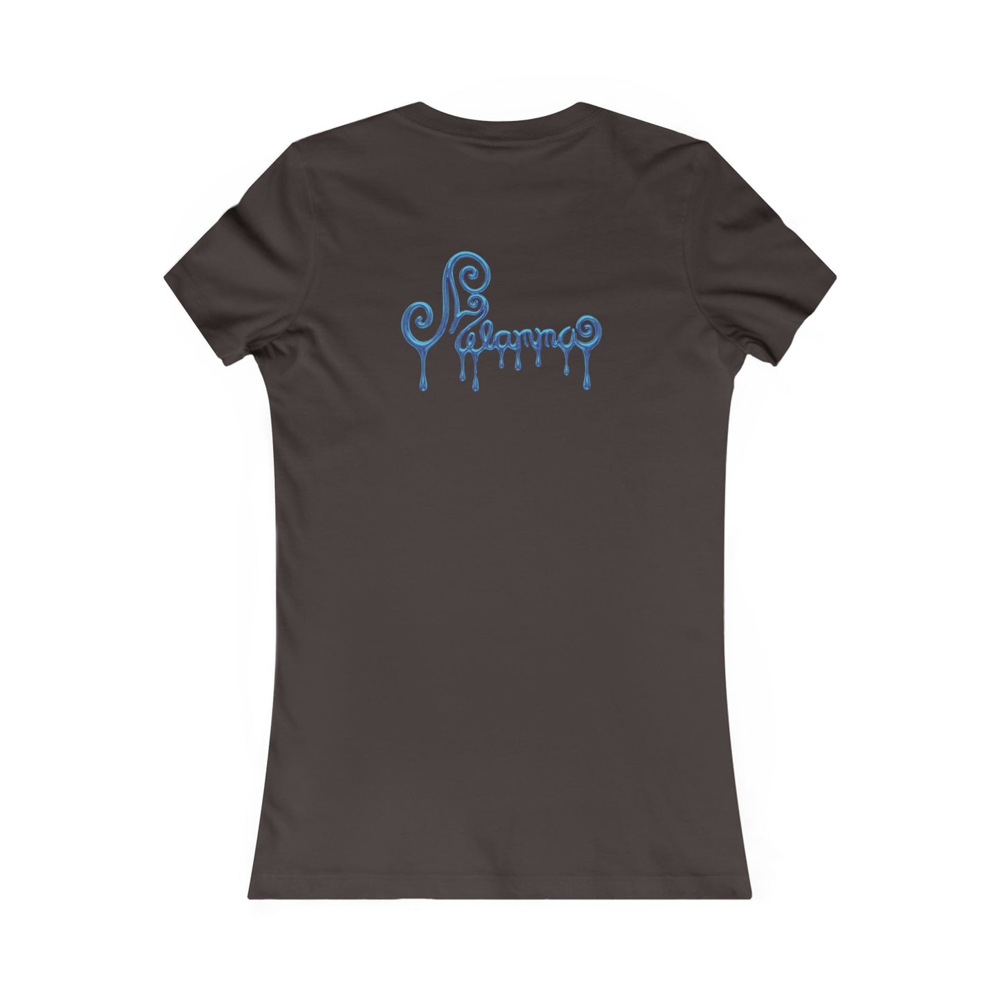 dark t-shirt featuring a central graphic of a teal chrome dripping rose, blue metallic Melammu dripping sign on the back ladies