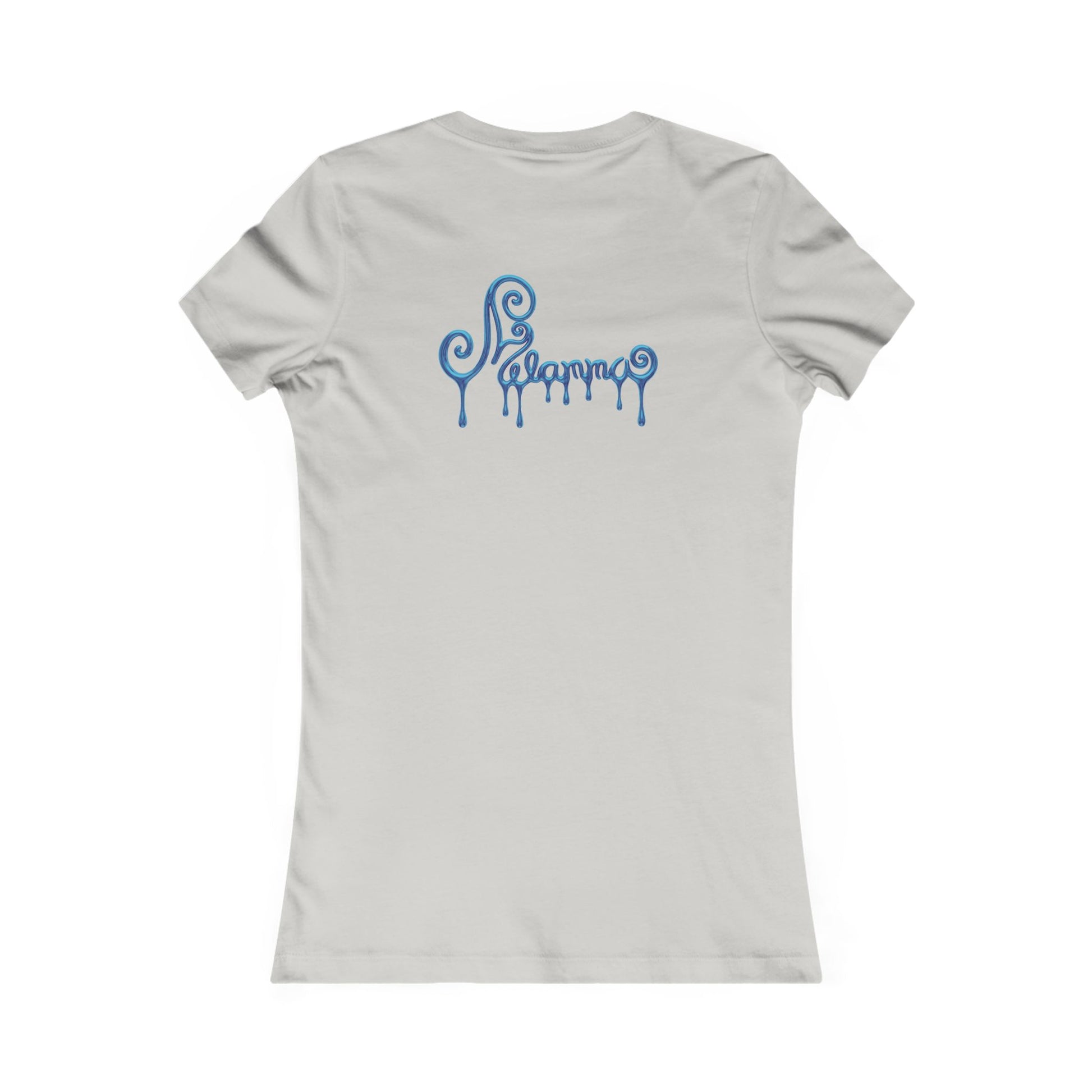 light grey t-shirt featuring a central graphic of a teal chrome dripping rose, blue metallic Melammu dripping sign on the back ladies