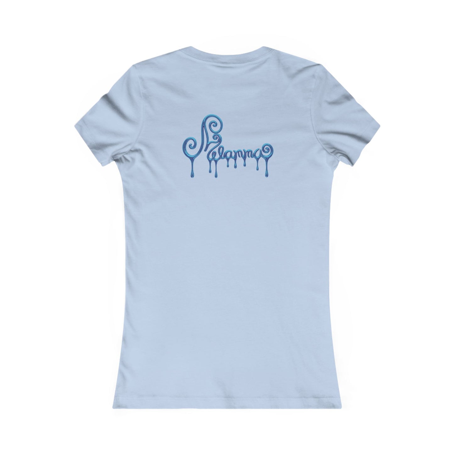 light blue t-shirt featuring a central graphic of a teal chrome dripping rose, blue metallic Melammu dripping sign on the back ladies