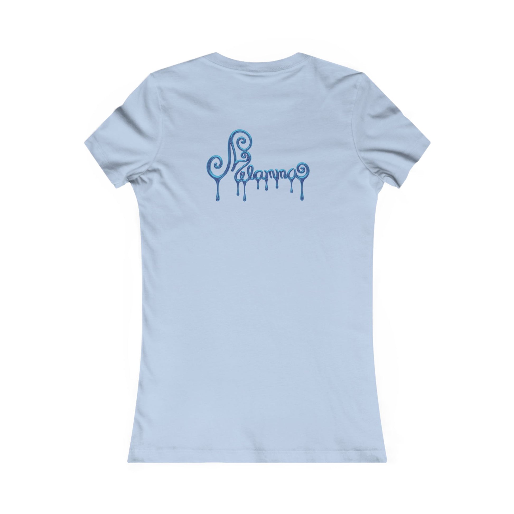 light blue t-shirt featuring a central graphic of a teal chrome dripping rose, blue metallic Melammu dripping sign on the back ladies