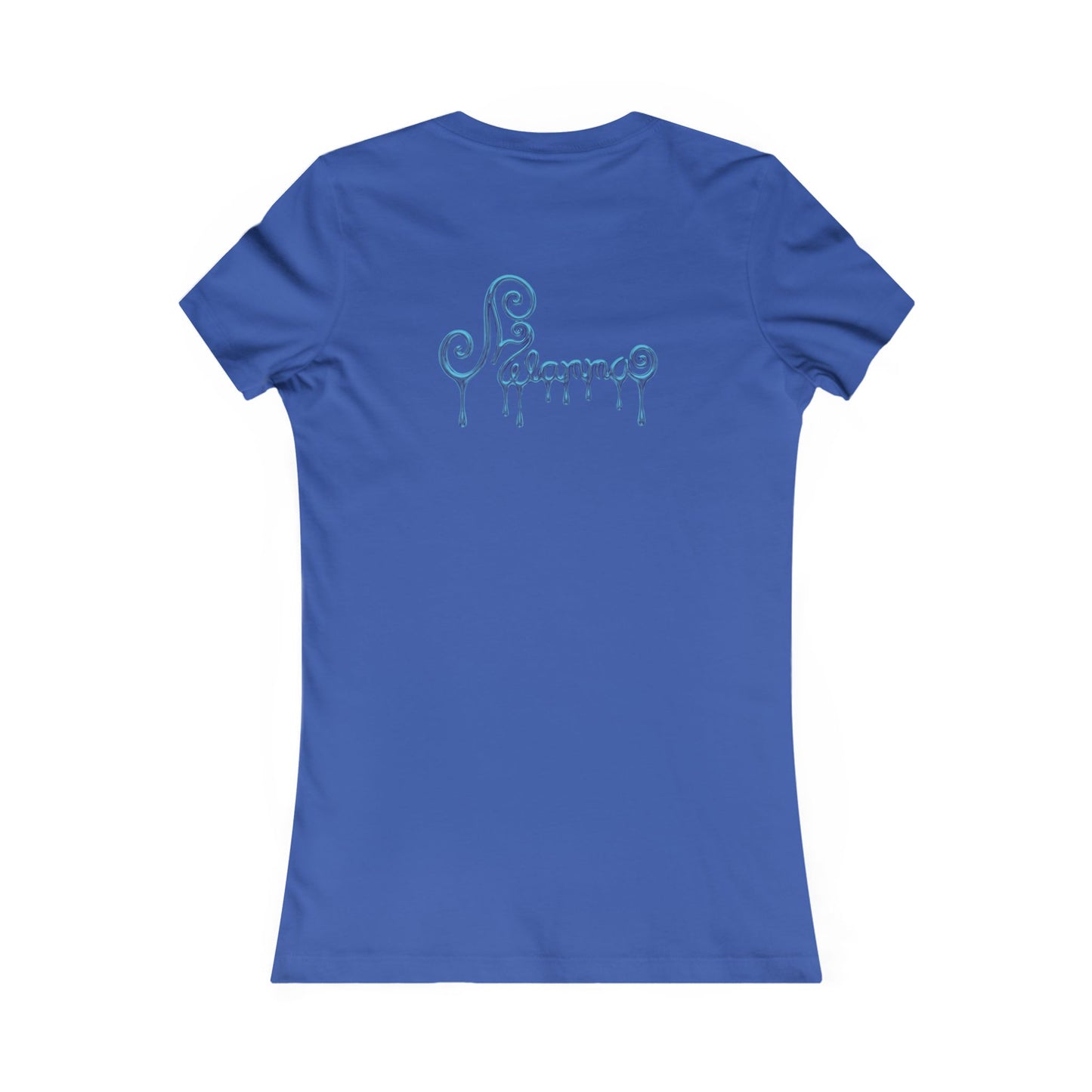 Royal blue t-shirt featuring a central graphic of a teal chrome dripping rose, blue metallic Melammu dripping sign on the back ladies