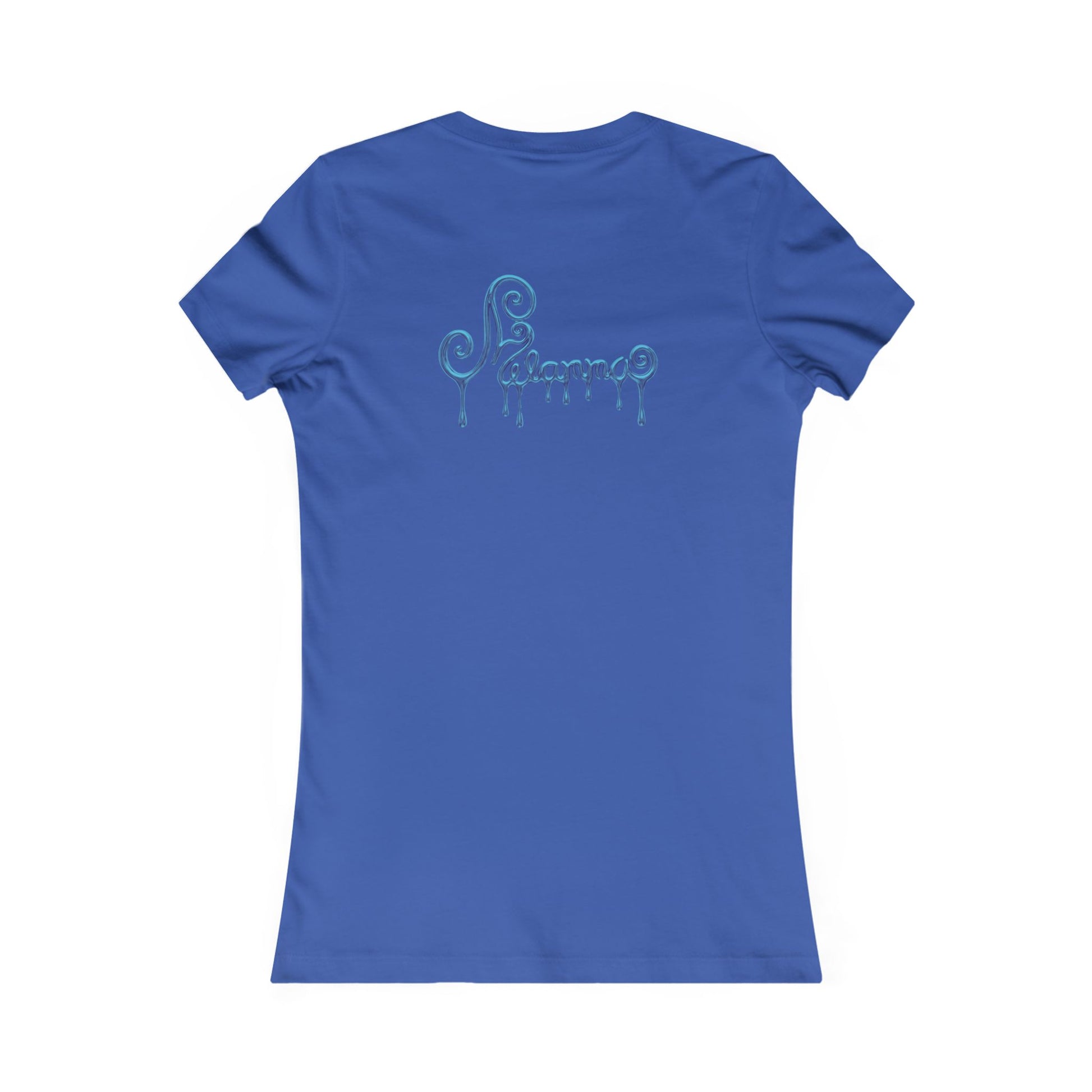 Royal blue t-shirt featuring a central graphic of a teal chrome dripping rose, blue metallic Melammu dripping sign on the back ladies