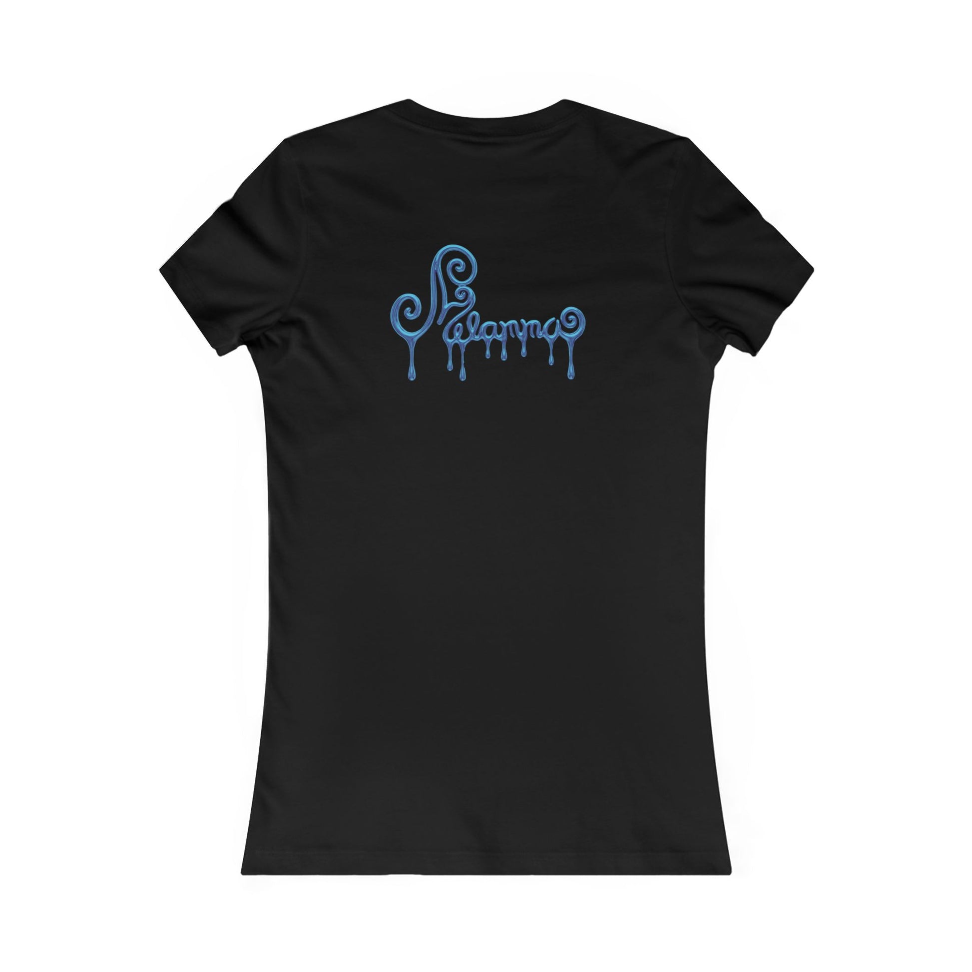 black t-shirt featuring a central graphic of a teal chrome dripping rose, blue metallic Melammu dripping sign on the back ladies