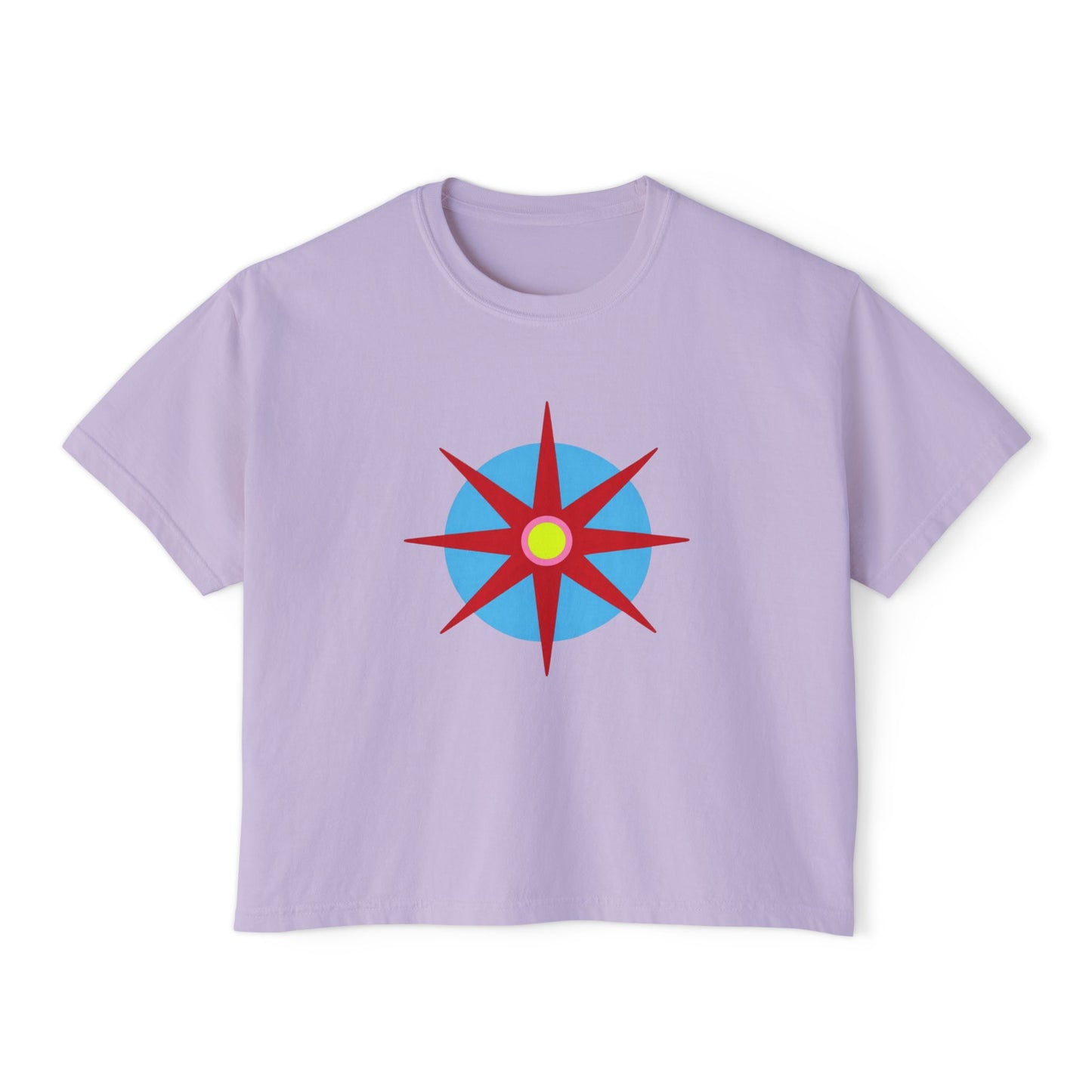 Melammu 8-point star boxy tee in lilac — red 8-point star on a light blue circle with yellow centre on the front, white Melammu logo on back