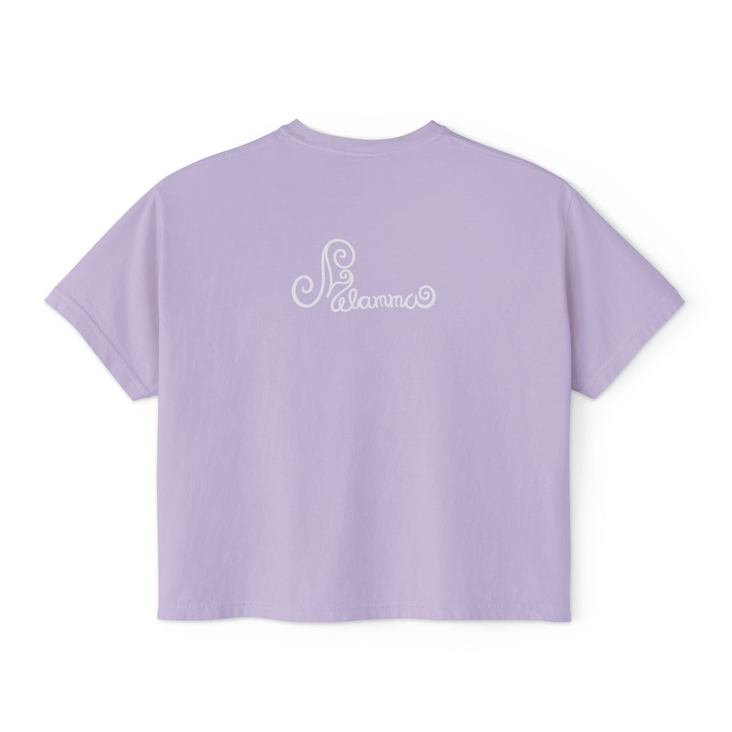 Melammu 8-point star boxy tee in lilac — red 8-point star on a light blue circle with yellow centre on the front, white Melammu logo on back
