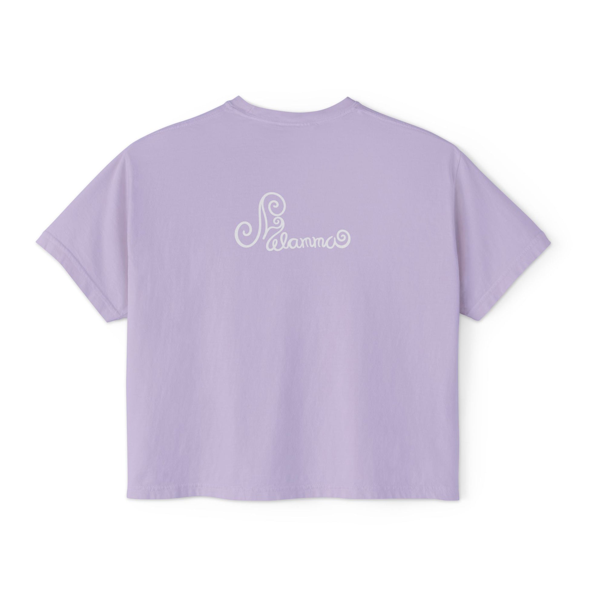 Melammu 8-point star boxy tee in lilac — red 8-point star on a light blue circle with yellow centre on the front, white Melammu logo on back