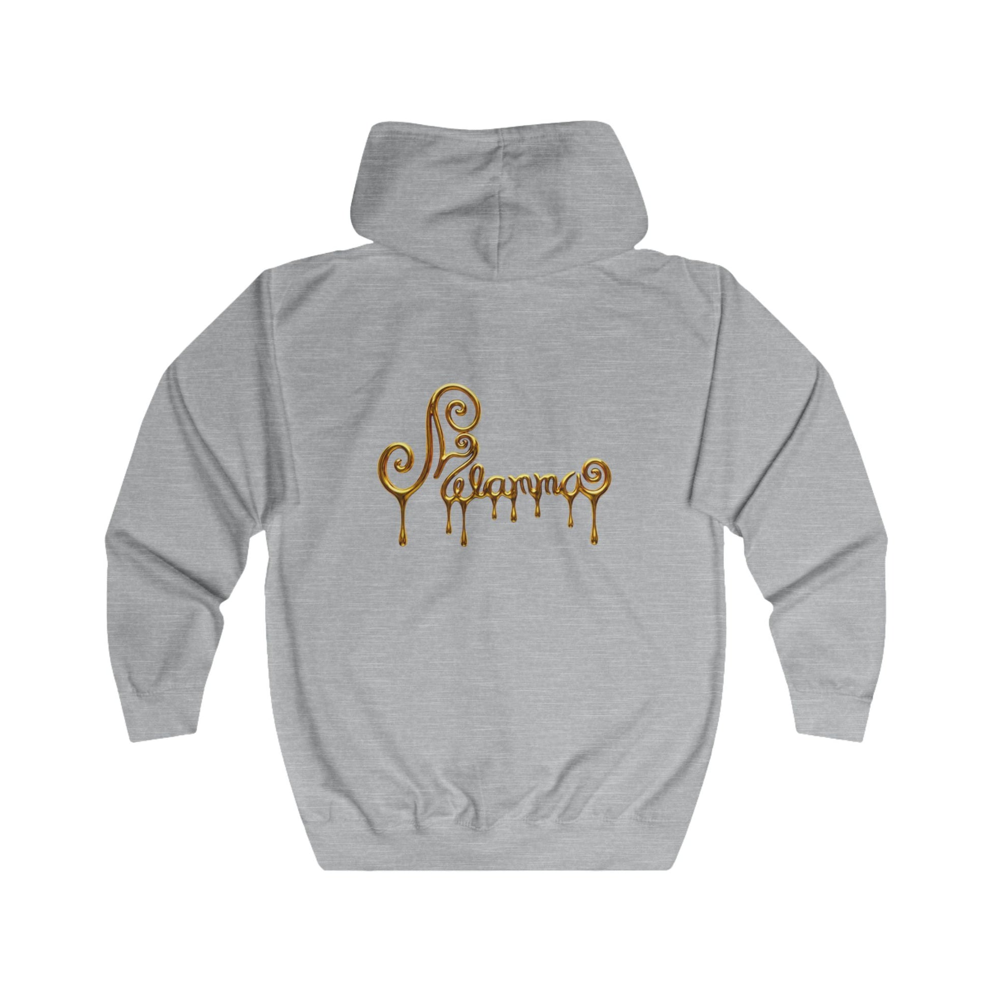 A grey zip-up hoodie with two gold Pegasus designs printed on the chest and Melammu gold drip back logo