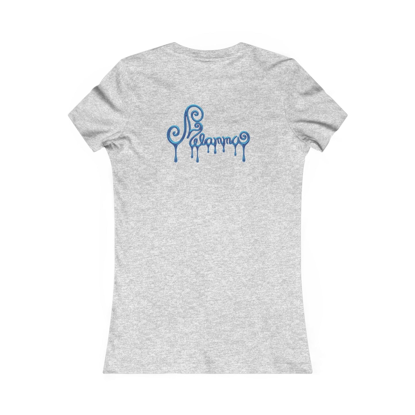 light grey t-shirt featuring a central graphic of a teal chrome dripping rose, blue metallic Melammu dripping sign on the back ladies