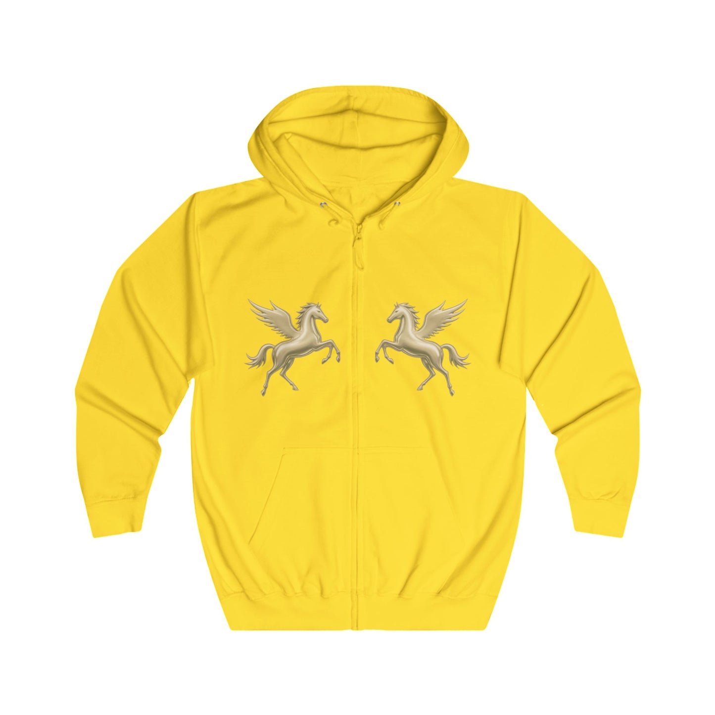 A yellow zip-up hoodie with two gold Pegasus designs printed on the chest and Melammu gold drip back logo