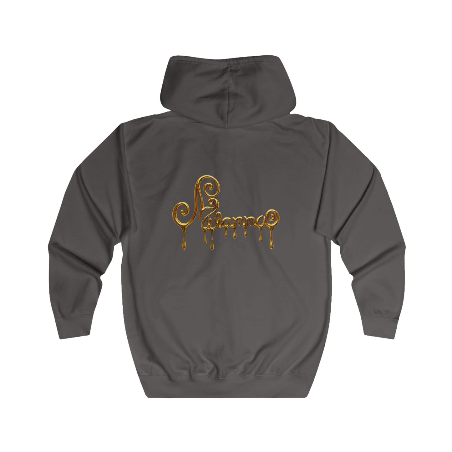 A dark grey zip-up hoodie with two gold Pegasus designs printed on the chest and Melammu gold drip back logo