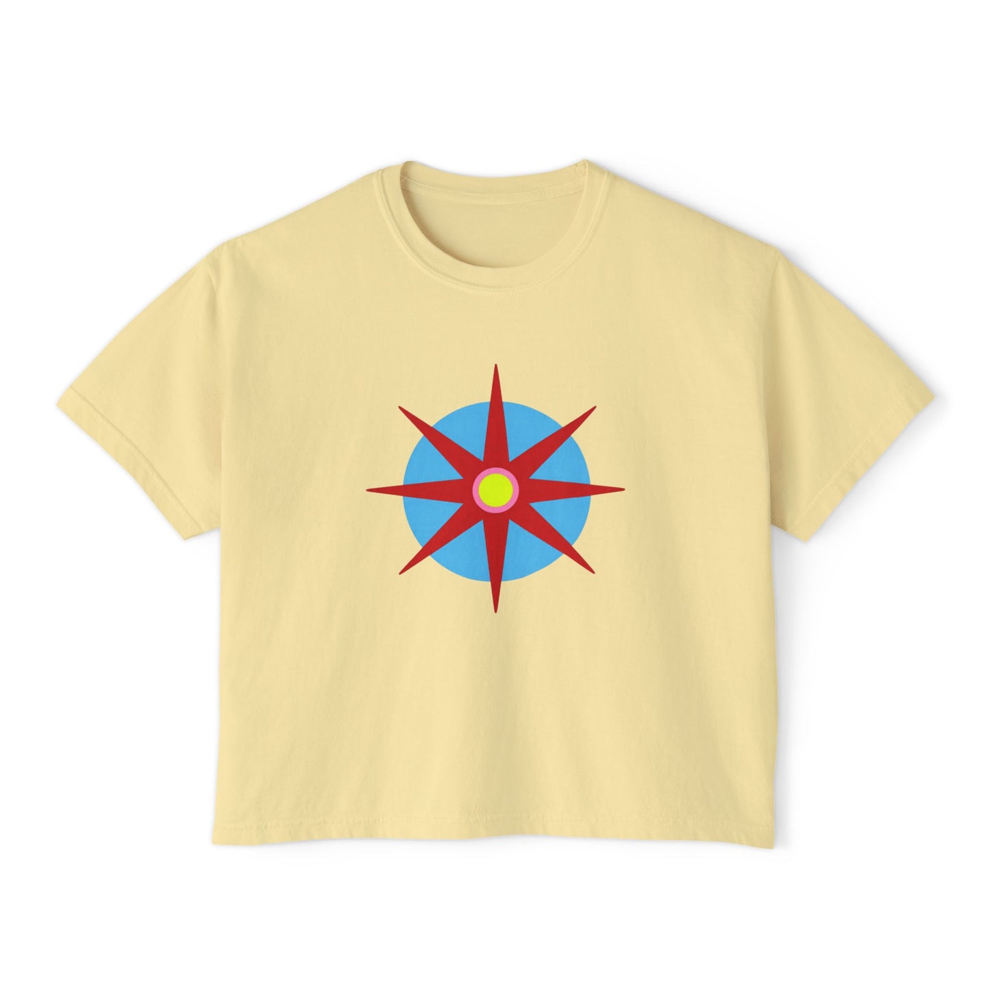 Melammu 8-point star boxy tee in Butter — red 8-point star on a light blue circle with yellow centre, whiteMelammu logo on back
