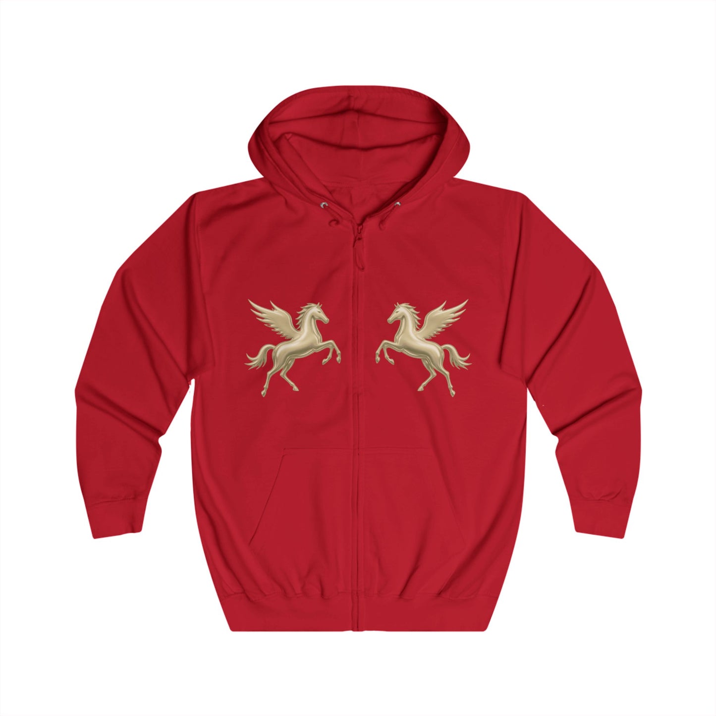 A red blue zip-up hoodie with two gold Pegasus designs printed on the chest, Melammu liquid gold on the back.