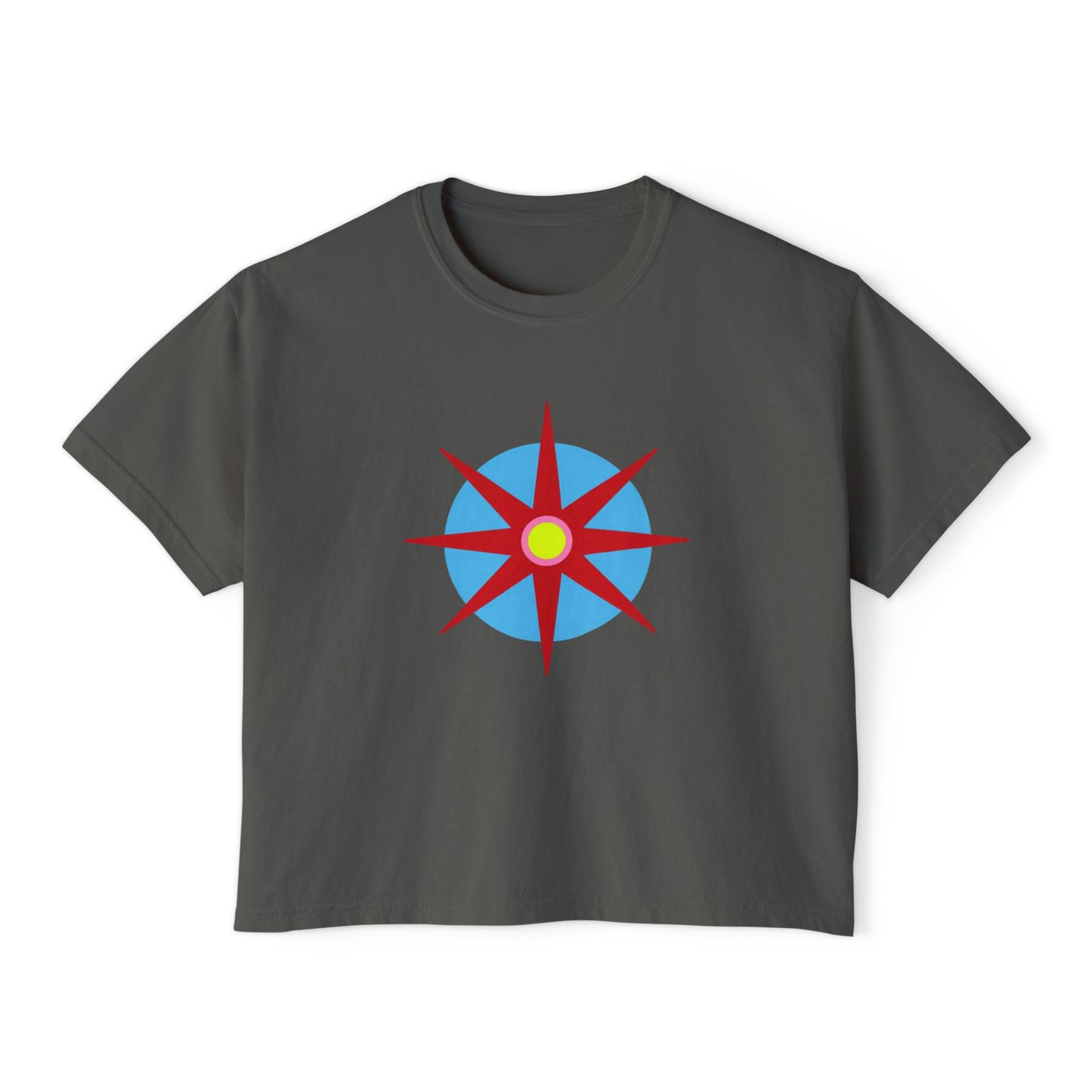 Melammu 8-point star boxy tee in dark grey — red 8-point star on a light blue circle with yellow centre, white Melammu logo on back